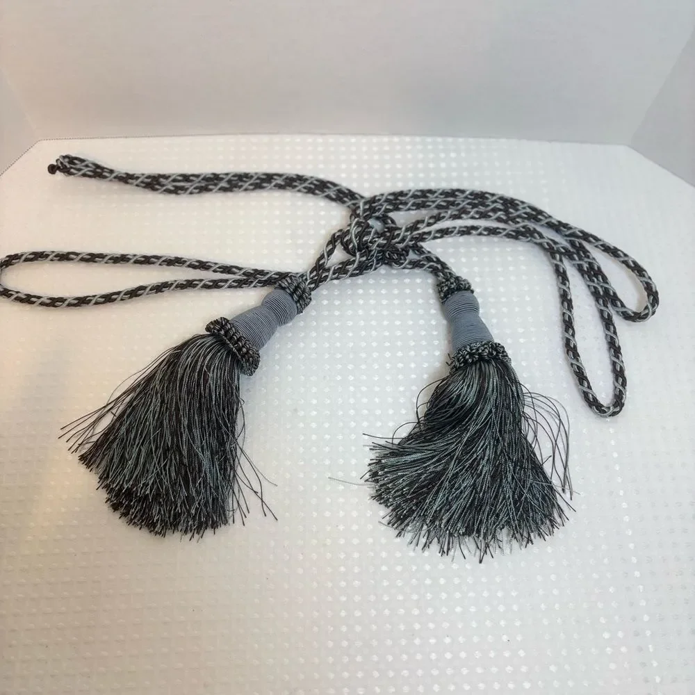 Elegant Braided Gray-Blue and Brown Tassel Drapery Curtain Tiebacks